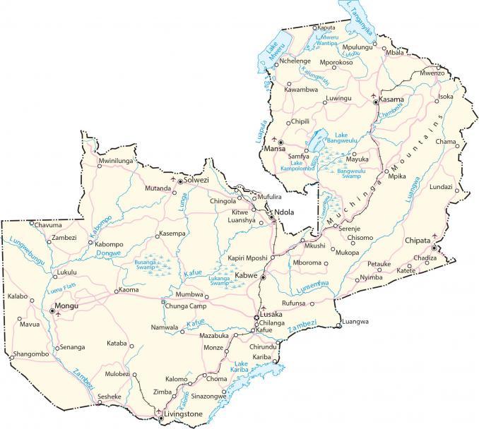 Zambia Map Cities And Roads GIS Geography