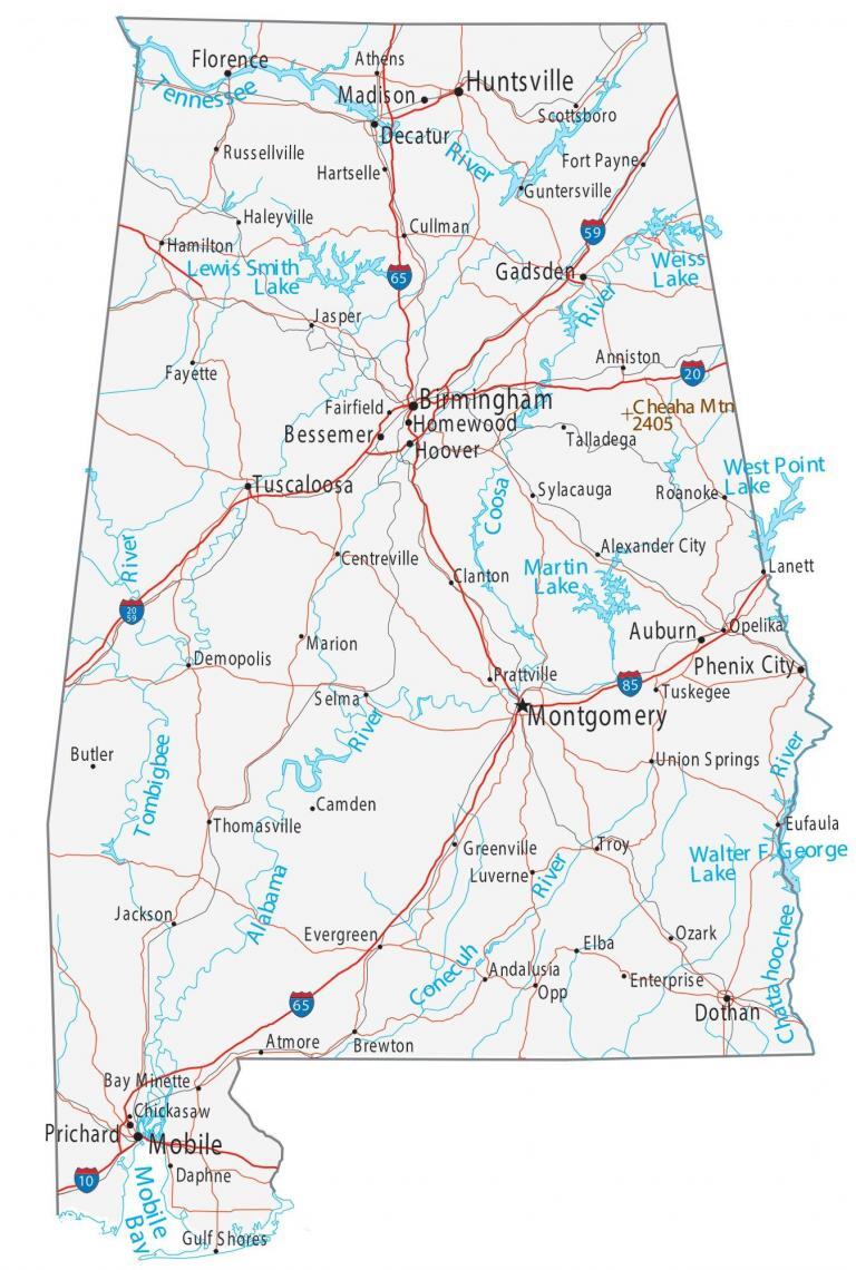Map of Alabama – Cities and Roads