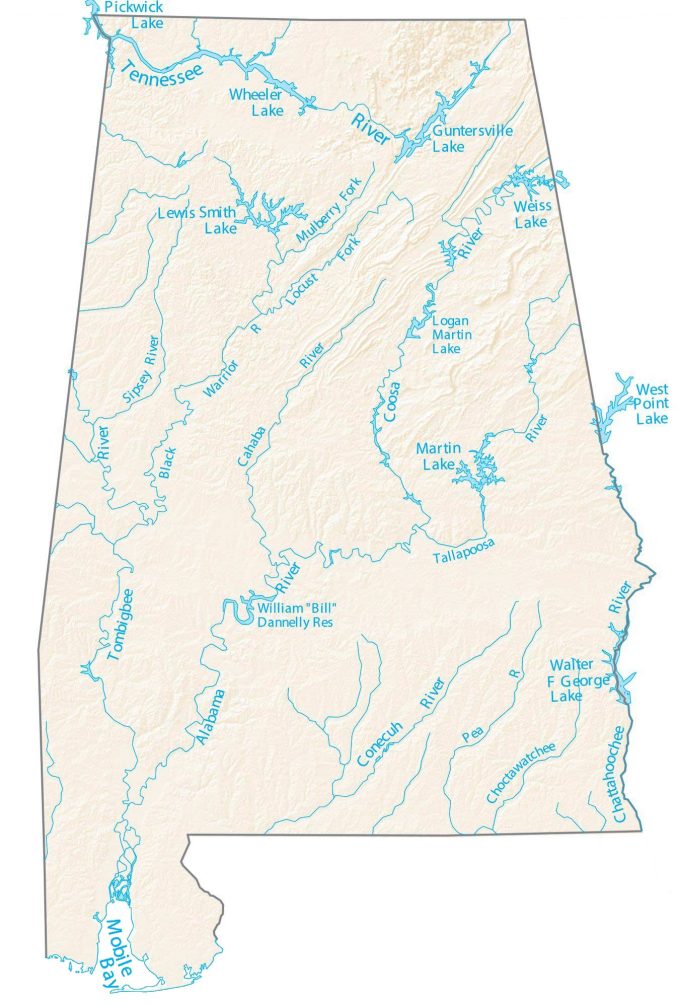 Alabama Lakes and Rivers Map