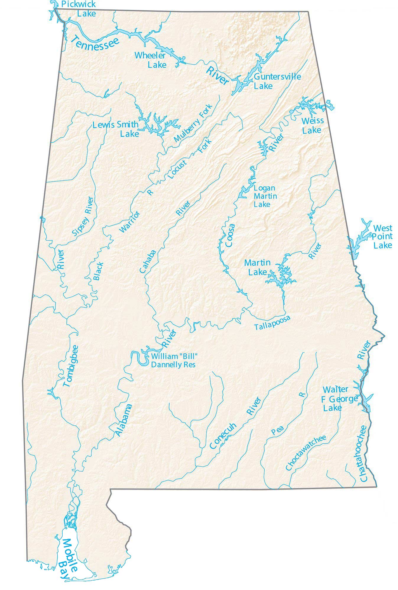Alabama Lakes And Rivers Map GIS Geography