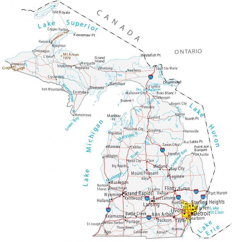 Map of Michigan – Cities and Roads