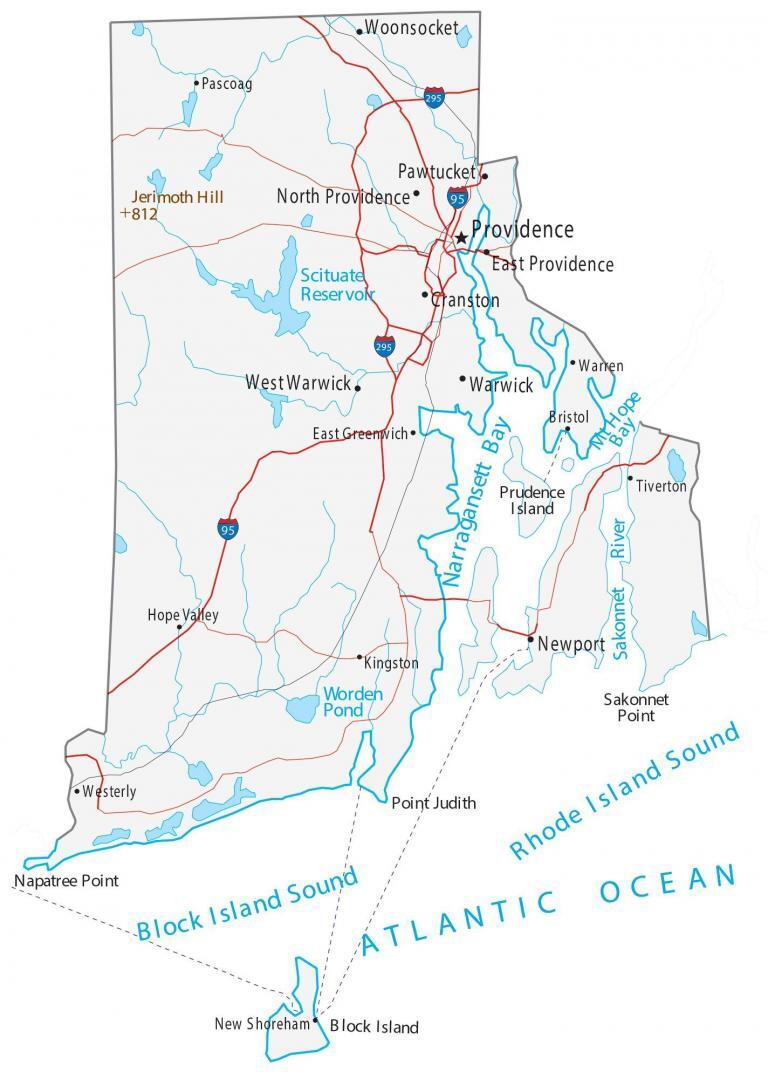 Map of Rhode Island – Cities and Roads