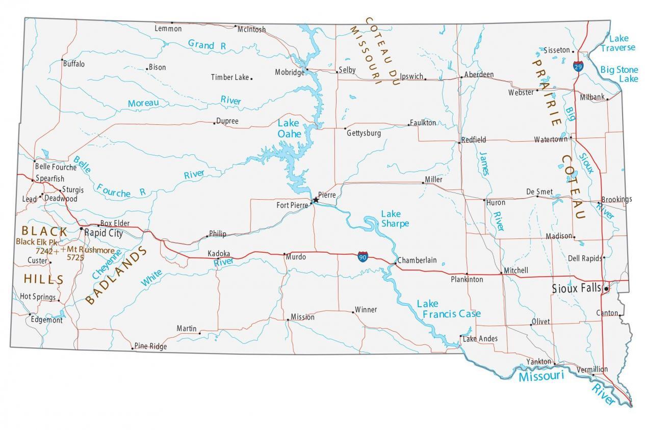 South Dakota County Map With Towns   South Dakota Map 1265x844 