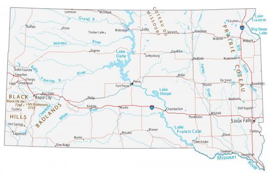 South Dakota State Map - Places and Landmarks - GIS Geography