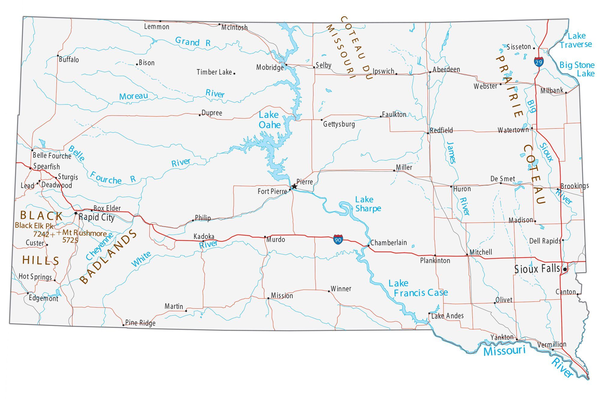 Map of South Dakota - Cities and Roads - GIS Geography