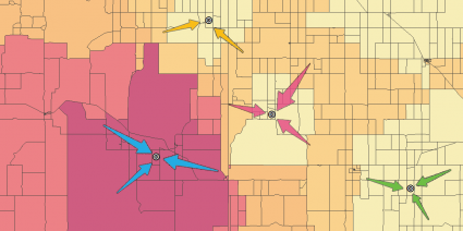 The Huff Model illustrates the probabilities of consumers at each origin location patronizing each store.