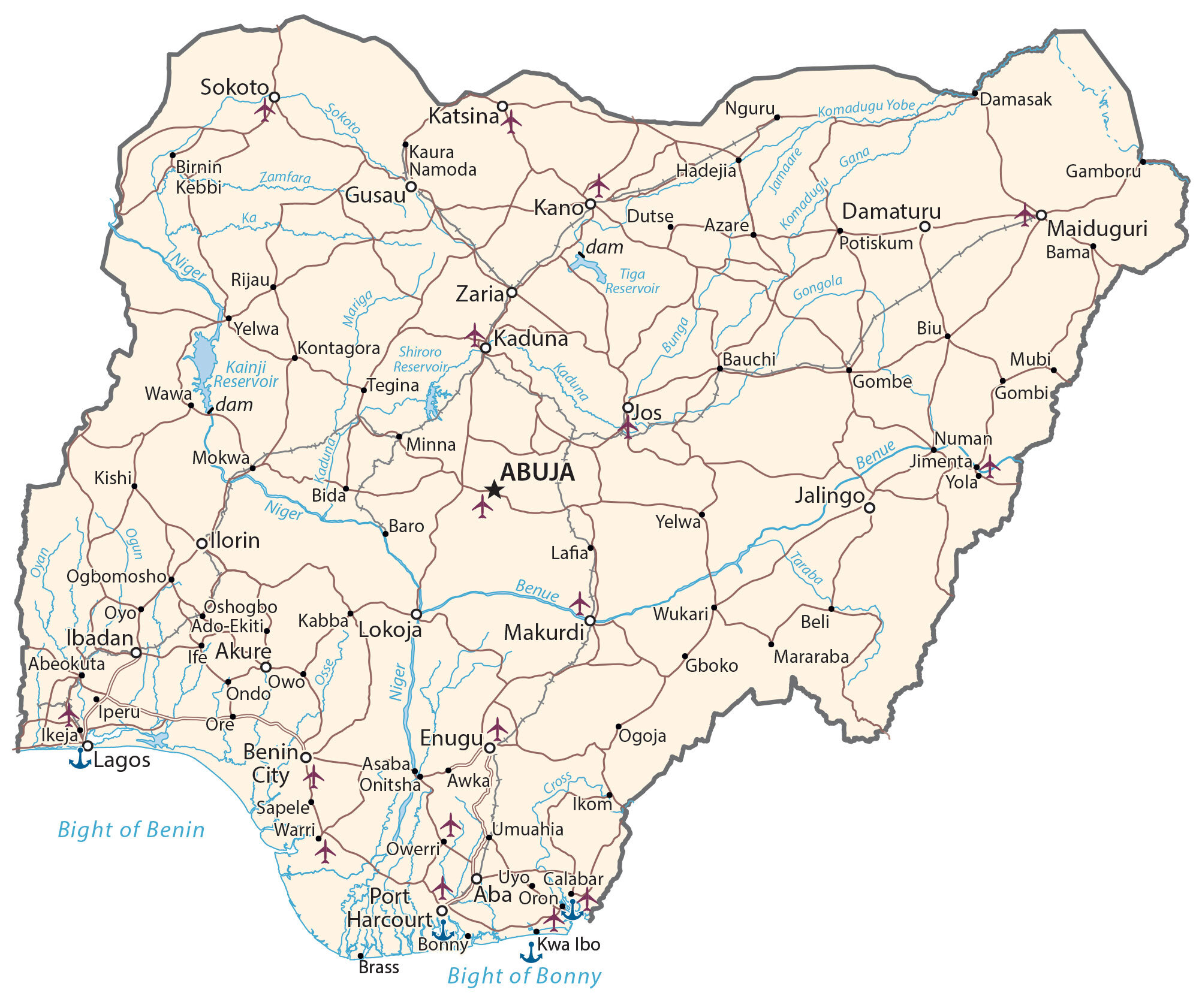 Nigeria Map - Cities and Roads - GIS Geography