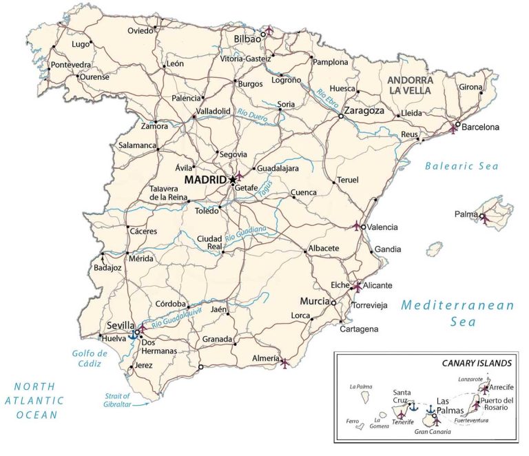 Large detailed highways map of Spain and Portugal with cities