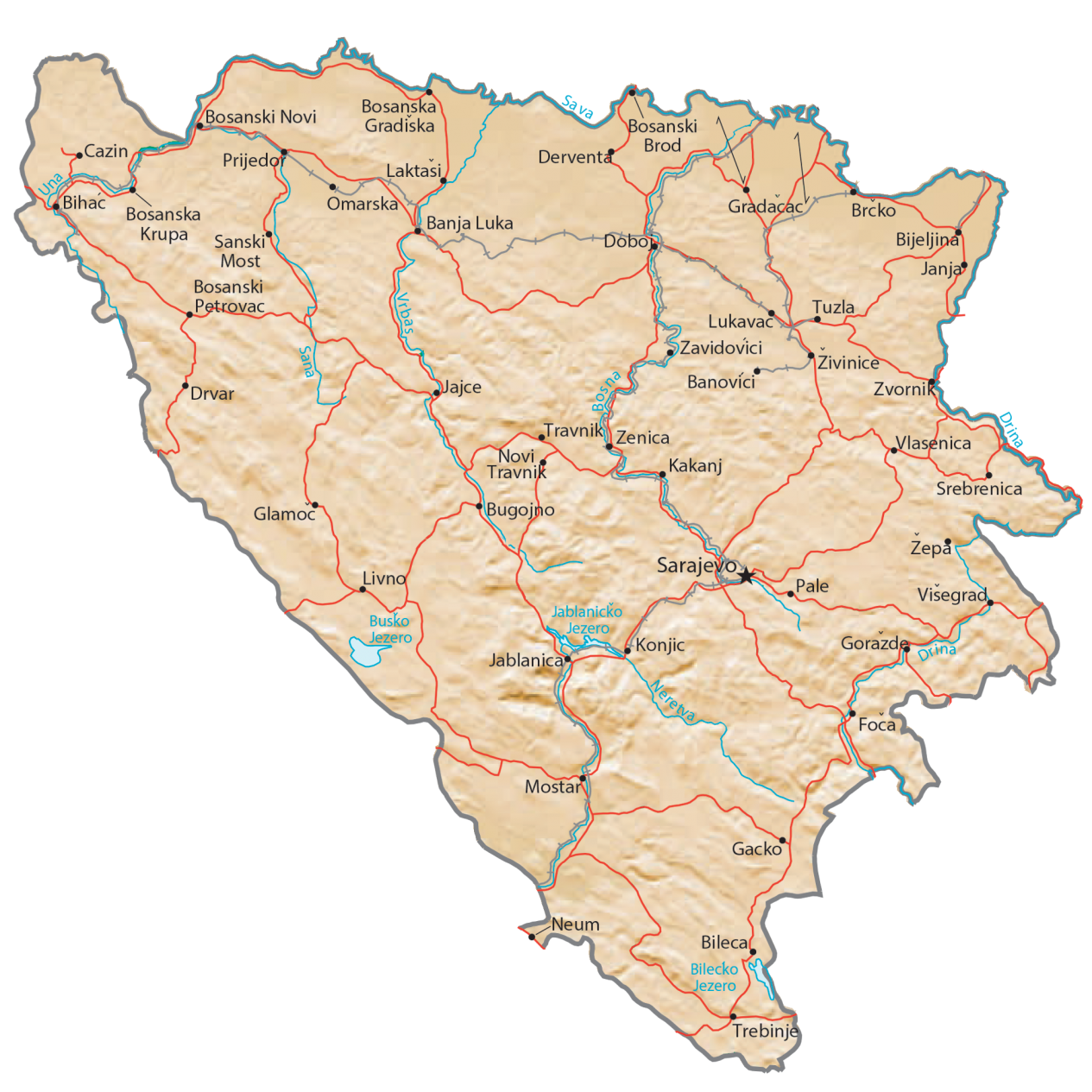波斯尼亚和黑塞哥维那物理地图