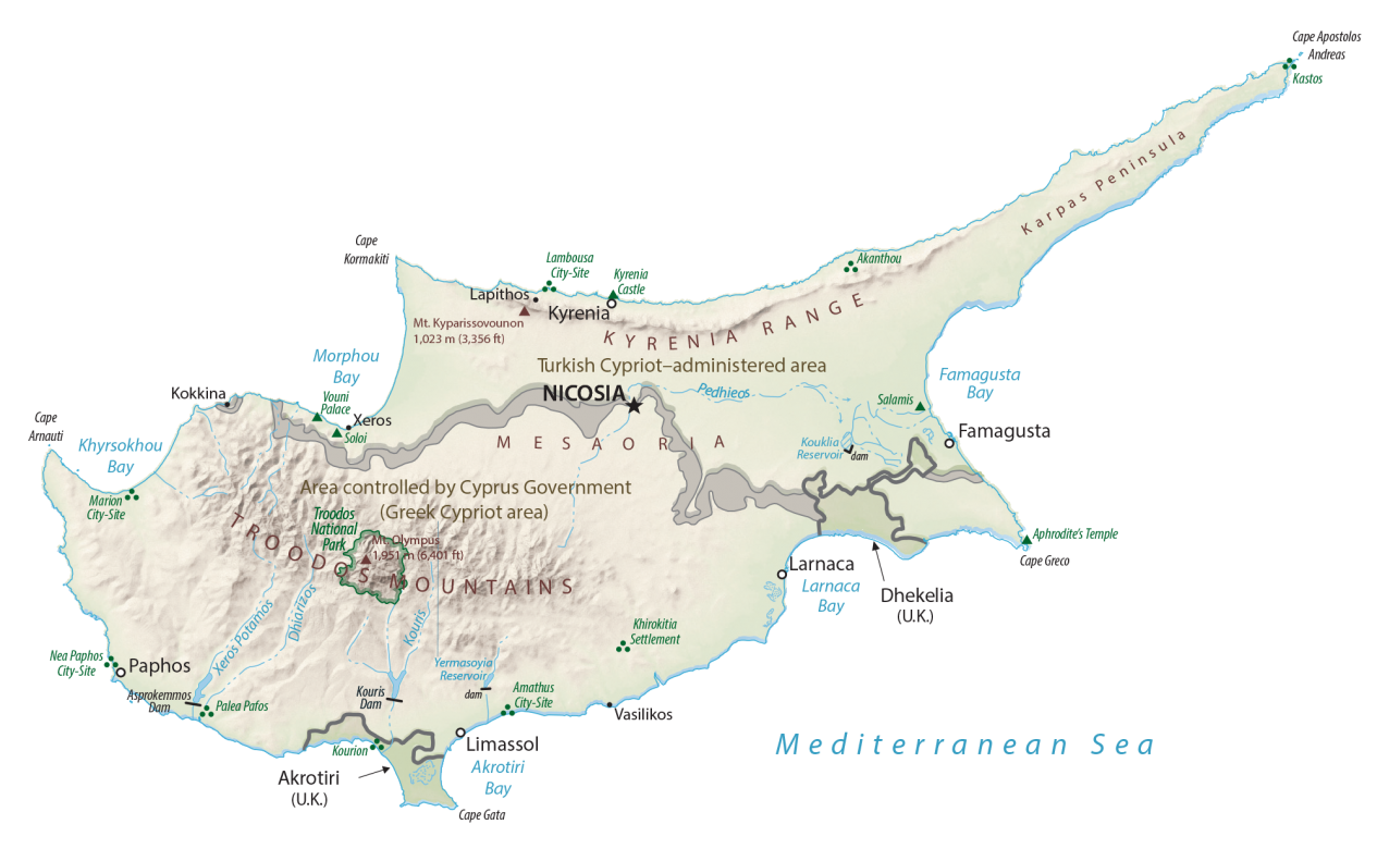 塞浦路斯物理地图