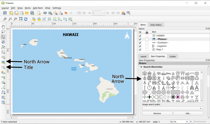 QGIS title north arrow