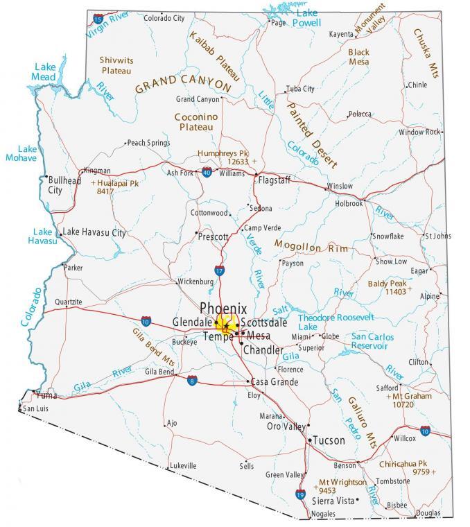 Arizona Map - Cities and Roads - GIS Geography