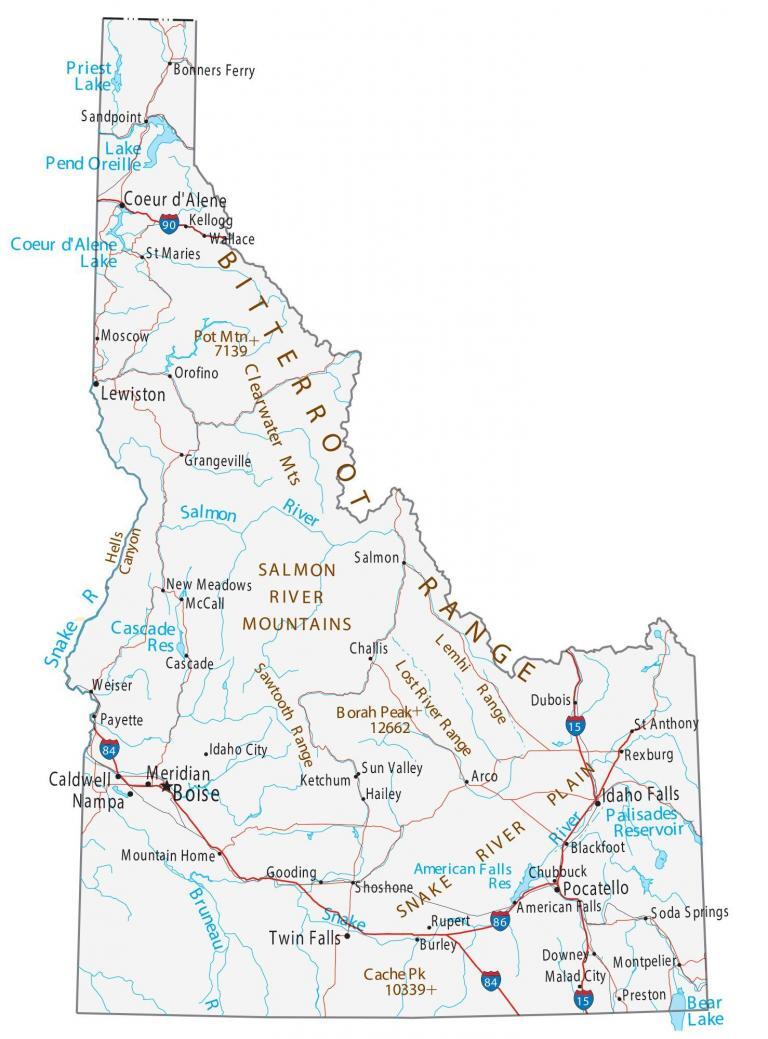 Idaho Lakes And Rivers Map Gis Geography 2875