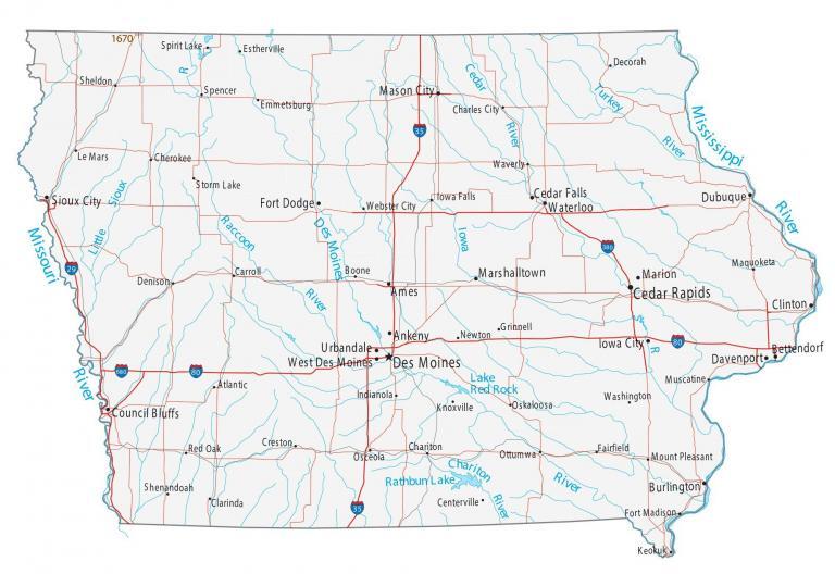 Map of Iowa – Cities and Roads