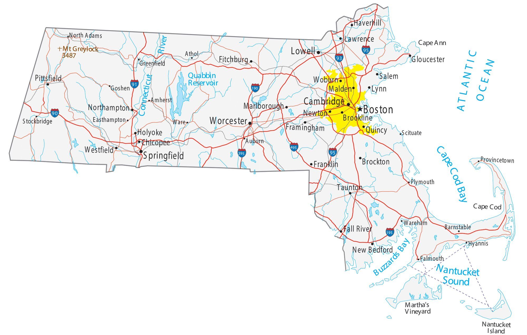 Map of Massachusetts - Cities and Roads - GIS Geography