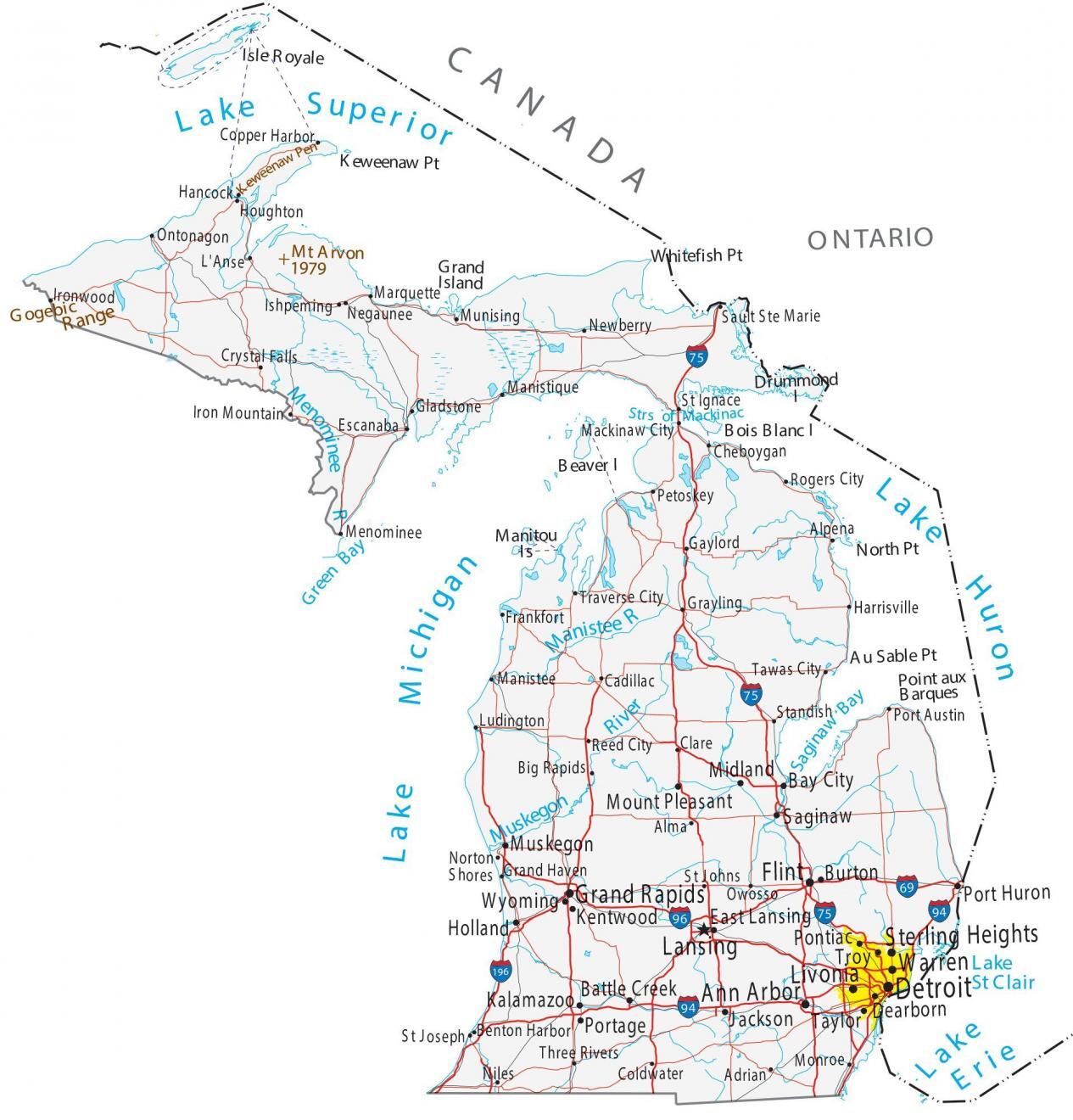 Michigan Map With Cities And Lakes - Elsey Odilia