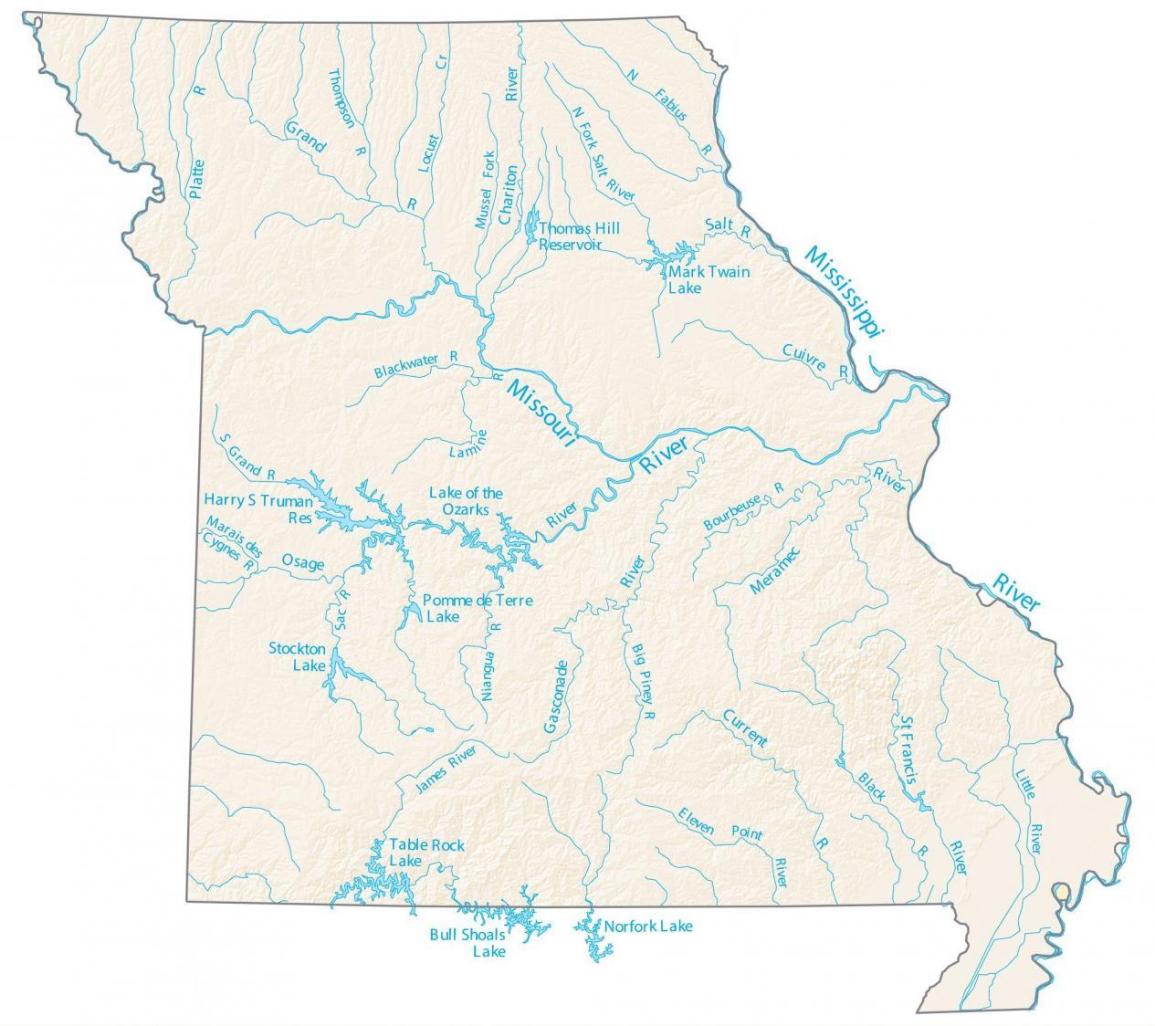 Missouri Rivers Lakes Map 1265x1124 