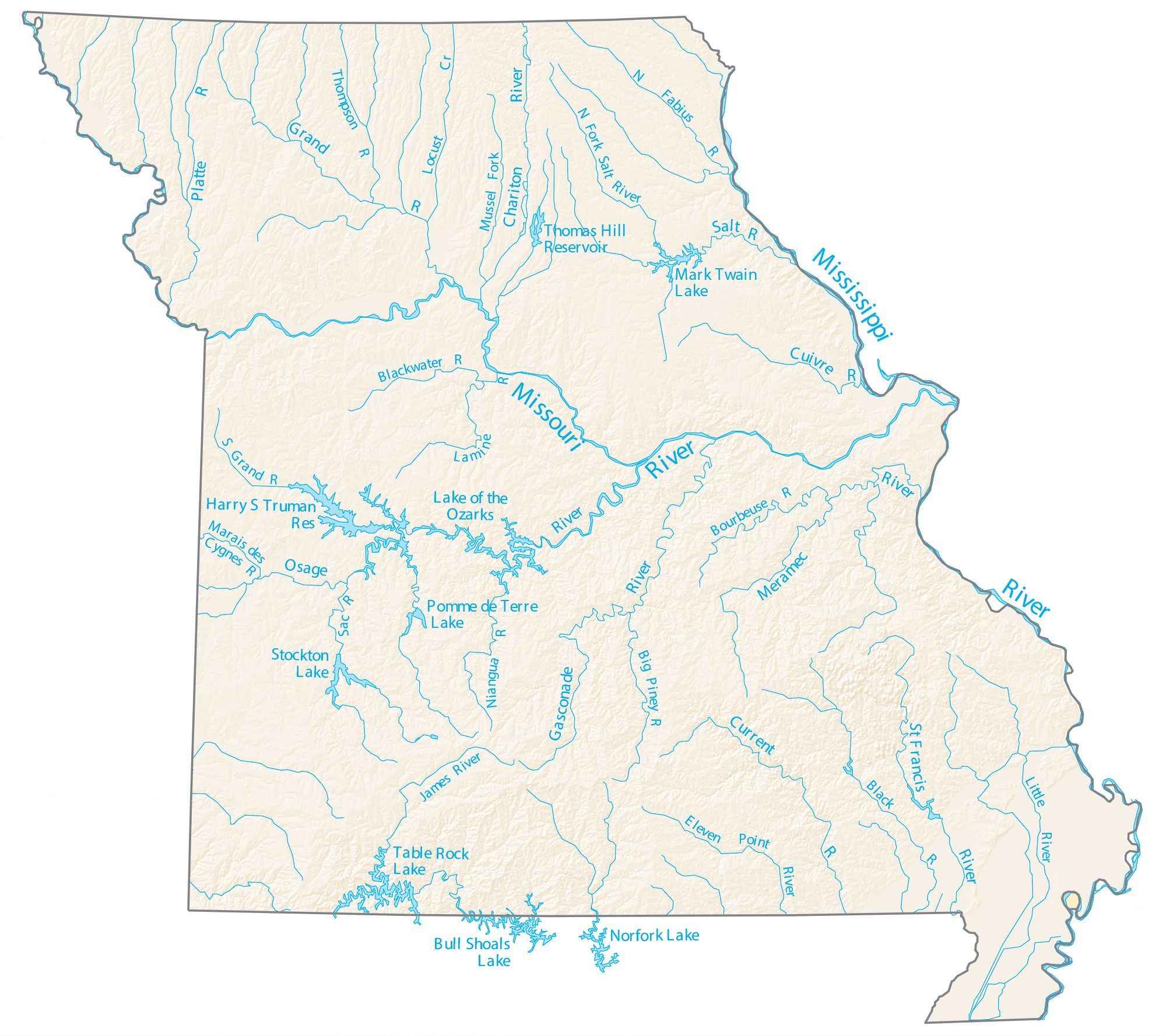 Missouri Rivers Lakes Map 
