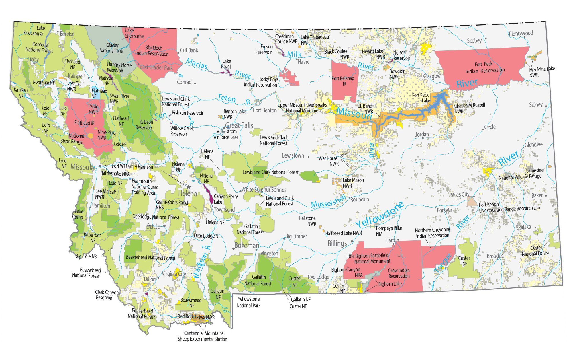 Montana State Map - Places and Landmarks - GIS Geography
