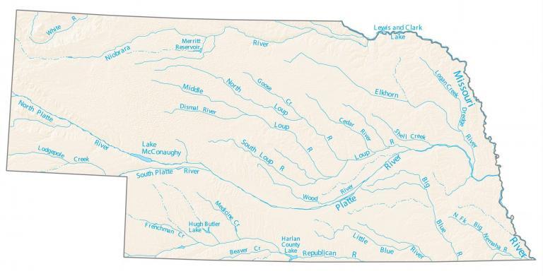 Nebraska Lakes and Rivers Map
