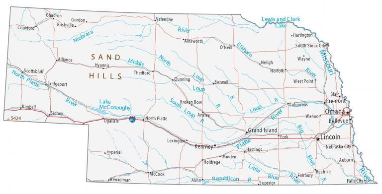 Map of Nebraska – Cities and Roads