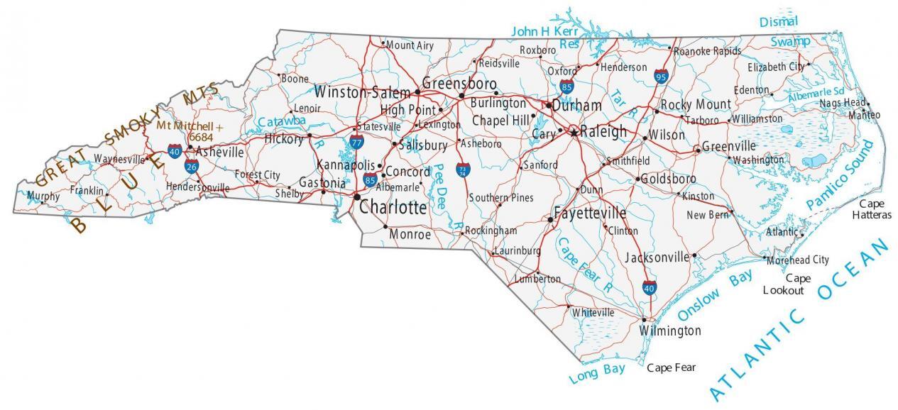 North Carolina Map Cities and Roads GIS Geography