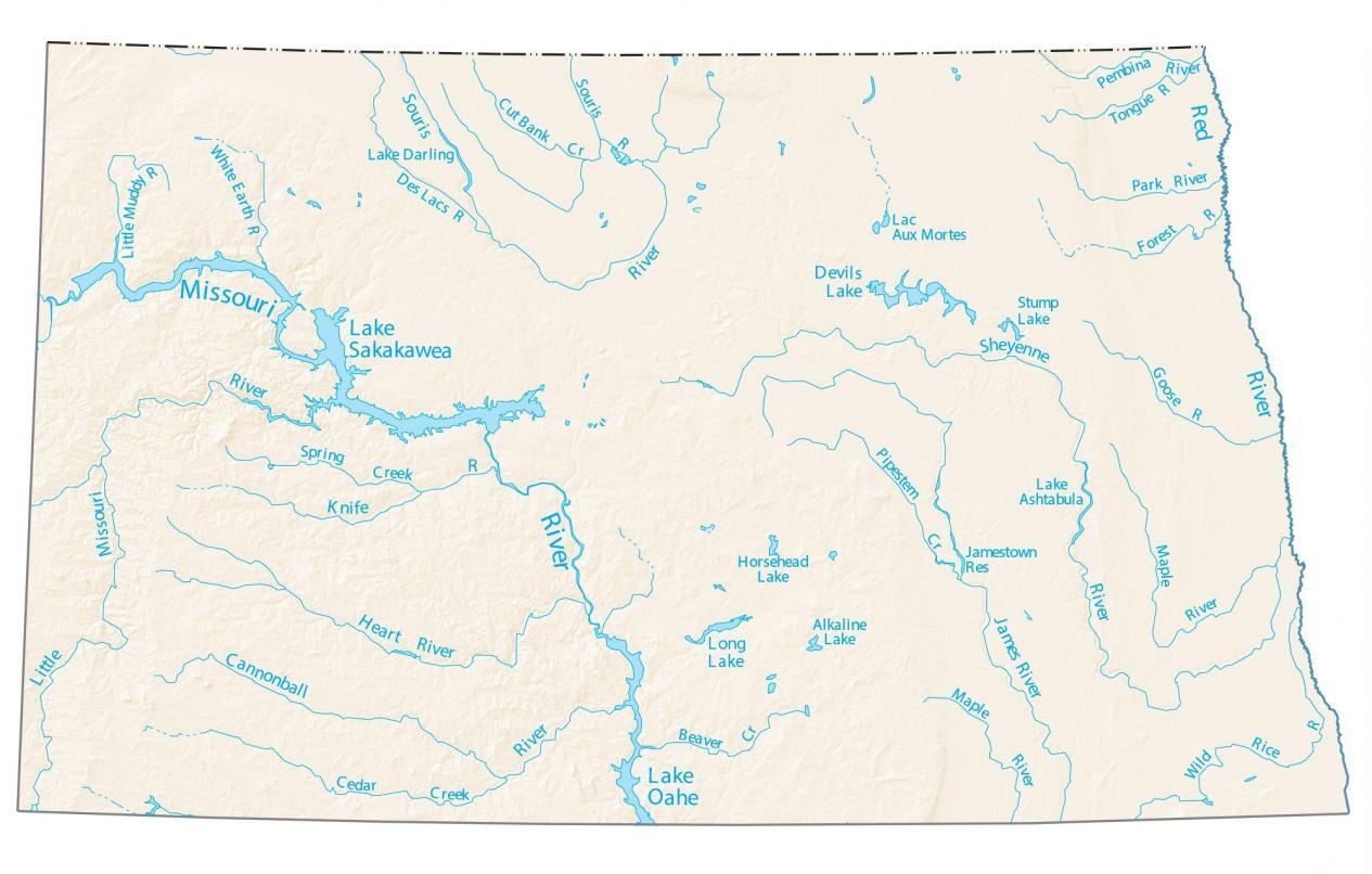 North Dakota Lakes And Rivers Map Gis Geography