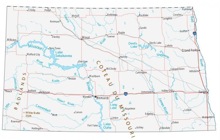 Map of North Dakota – Cities and Roads