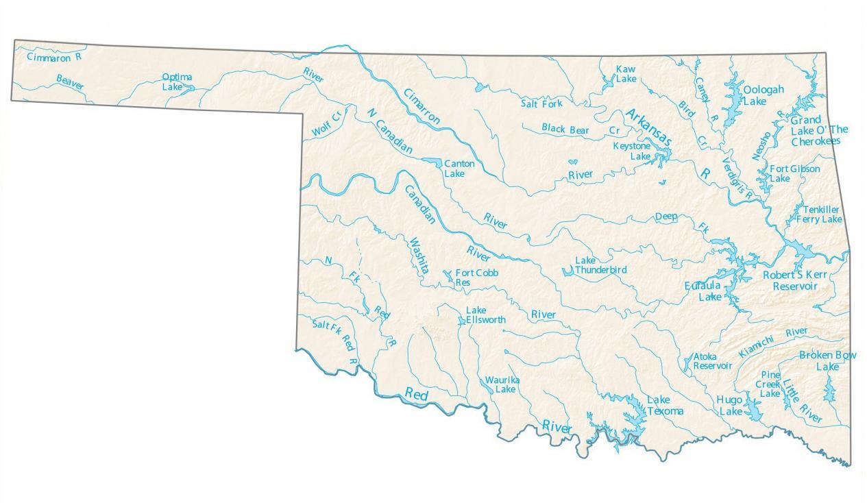 Canadian River Map   Oklahoma Lakes Rivers Map 1265x734 