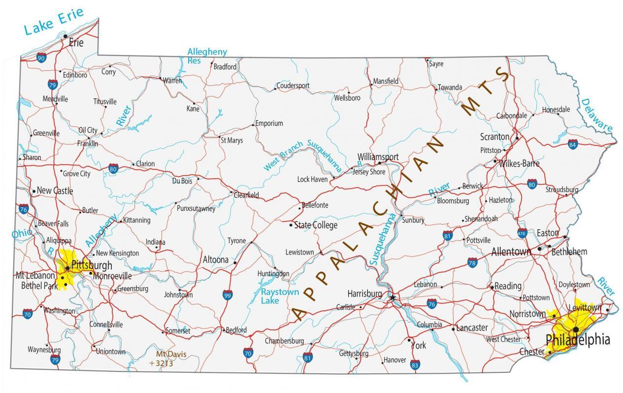 Free Printable Map Of Pennsylvania Map Of Pennsylvania - Cities And Roads - Gis Geography