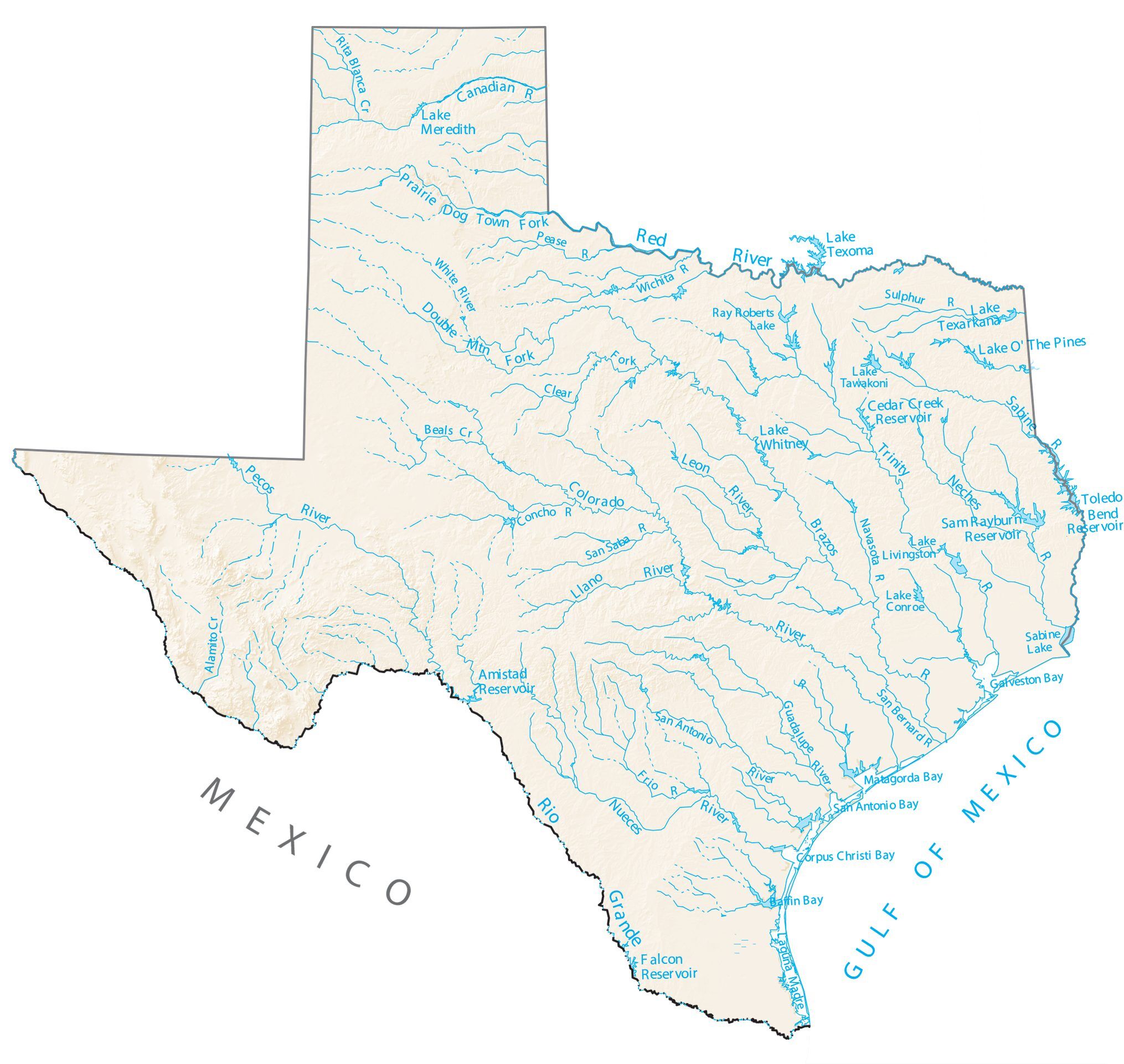 Texas Lakes And Rivers Map Gis Geography