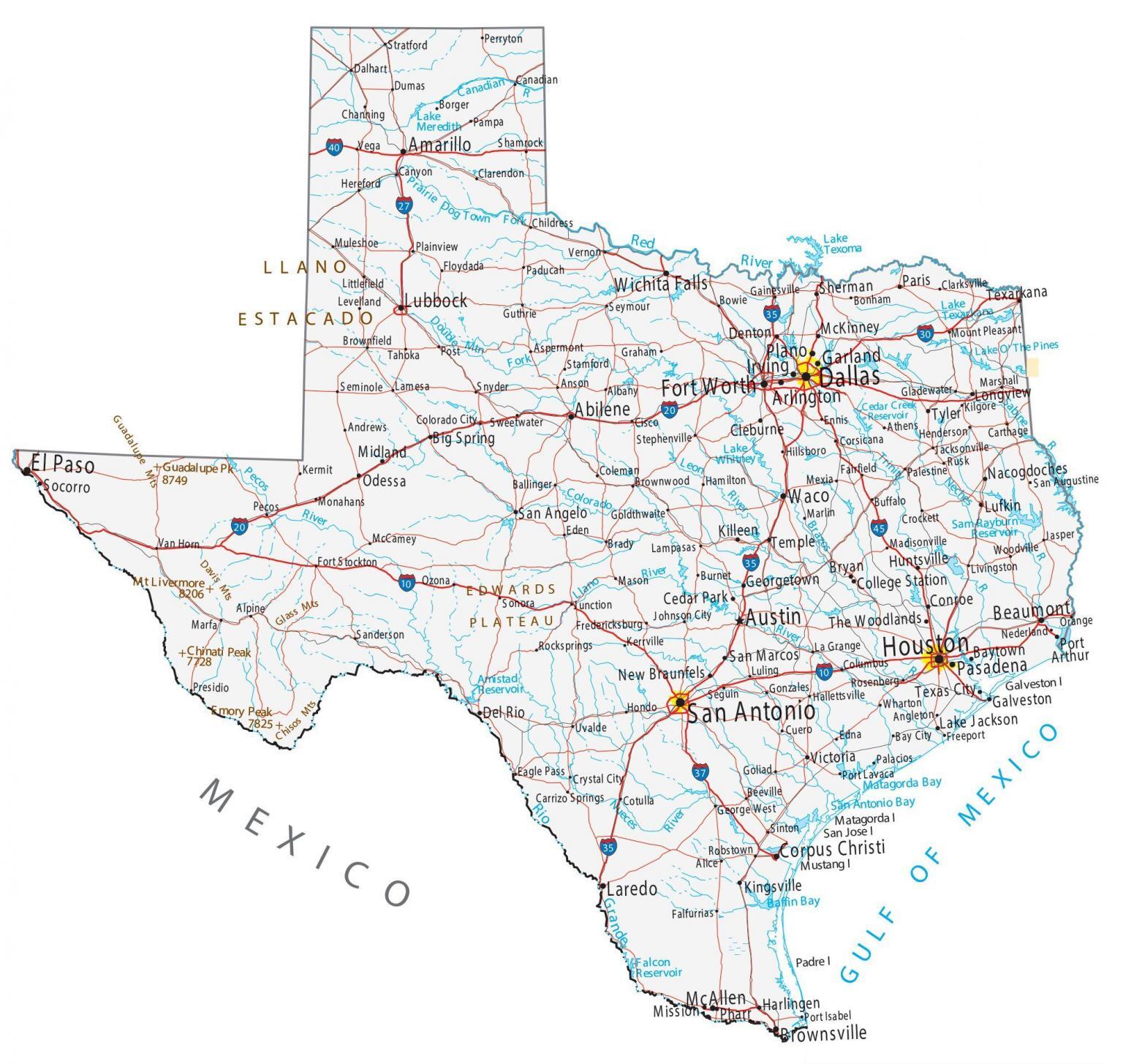 Texas Map With Cities And Rivers - United States Map