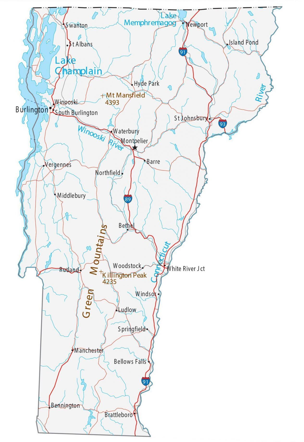Map of Vermont Cities and Roads GIS Geography