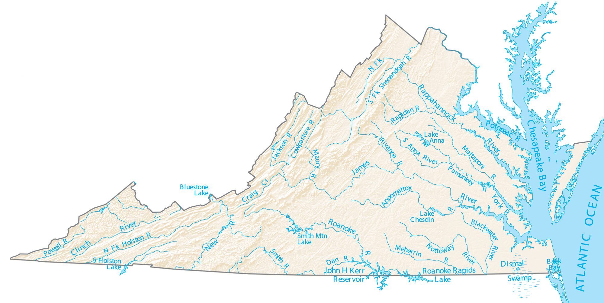 Map Of Virginia Rivers   Virginia Lakes Rivers Map 