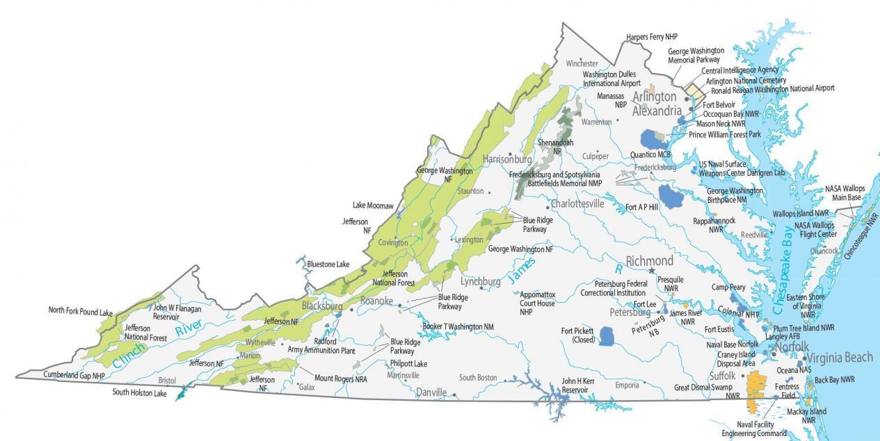 Virginia State Map - Places and Landmarks - GIS Geography