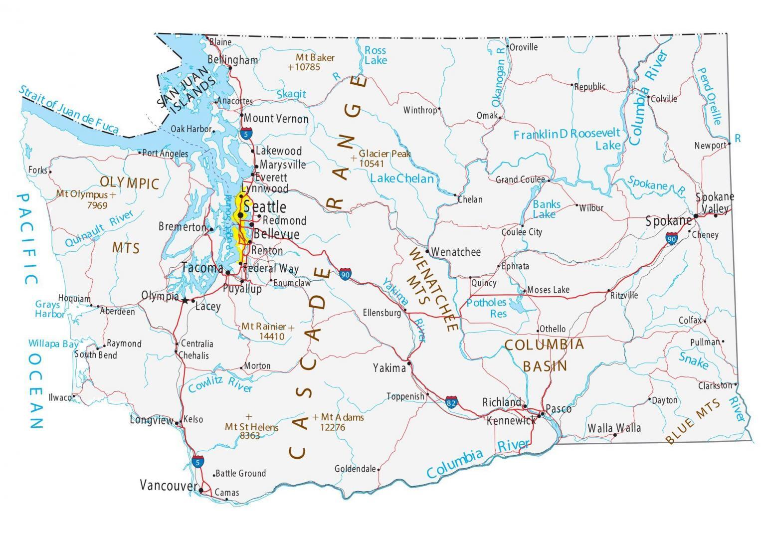 Map of Washington - Cities and Roads - GIS Geography 