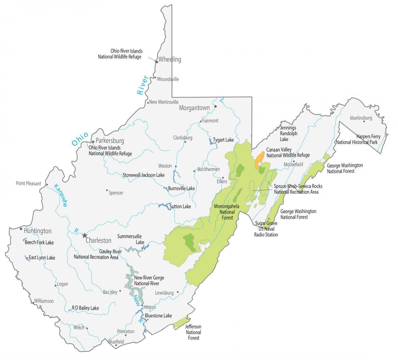 West Virginia State Map - Places and Landmarks - GIS Geography