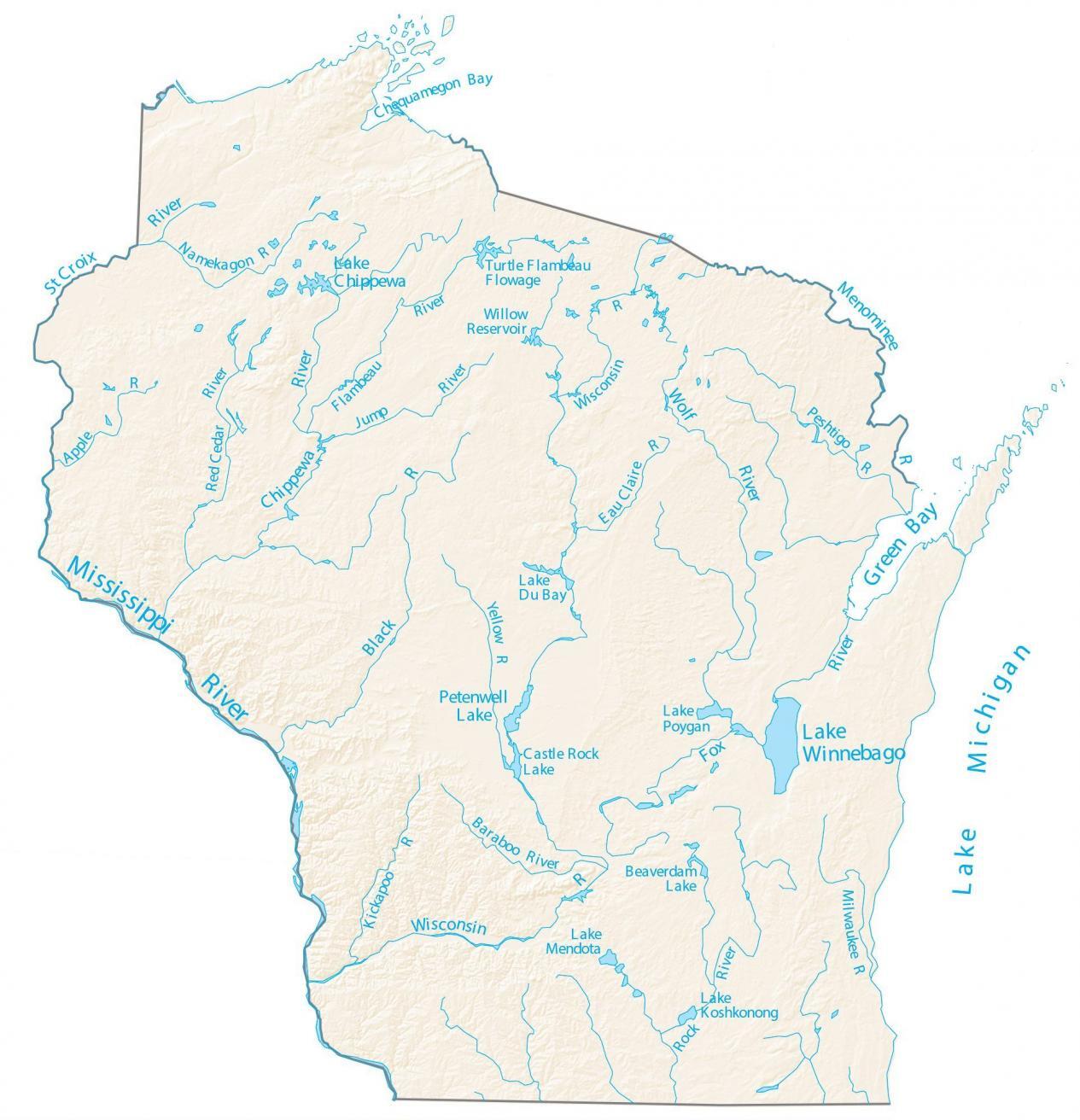 Wisconsin Lakes and Rivers Map