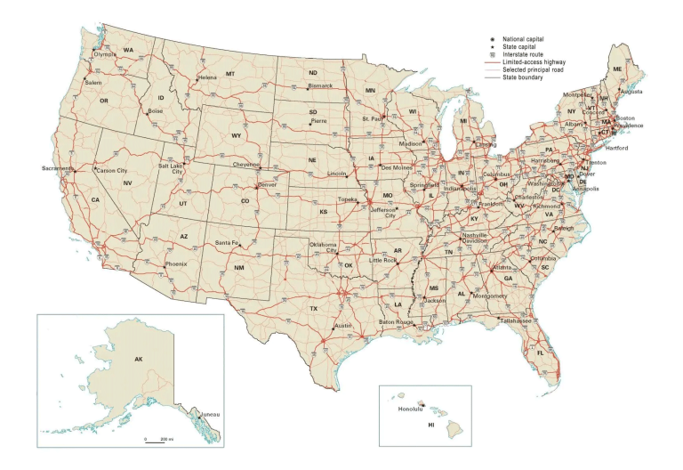 US Road Map: Interstate Highways in the United States