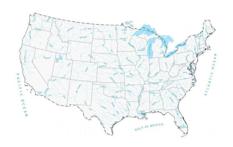 Lakes and Rivers Map of the United States