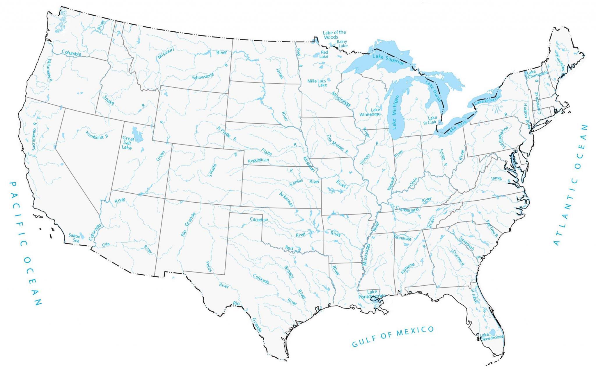 US Lakes Rivers Map 2048x1271 