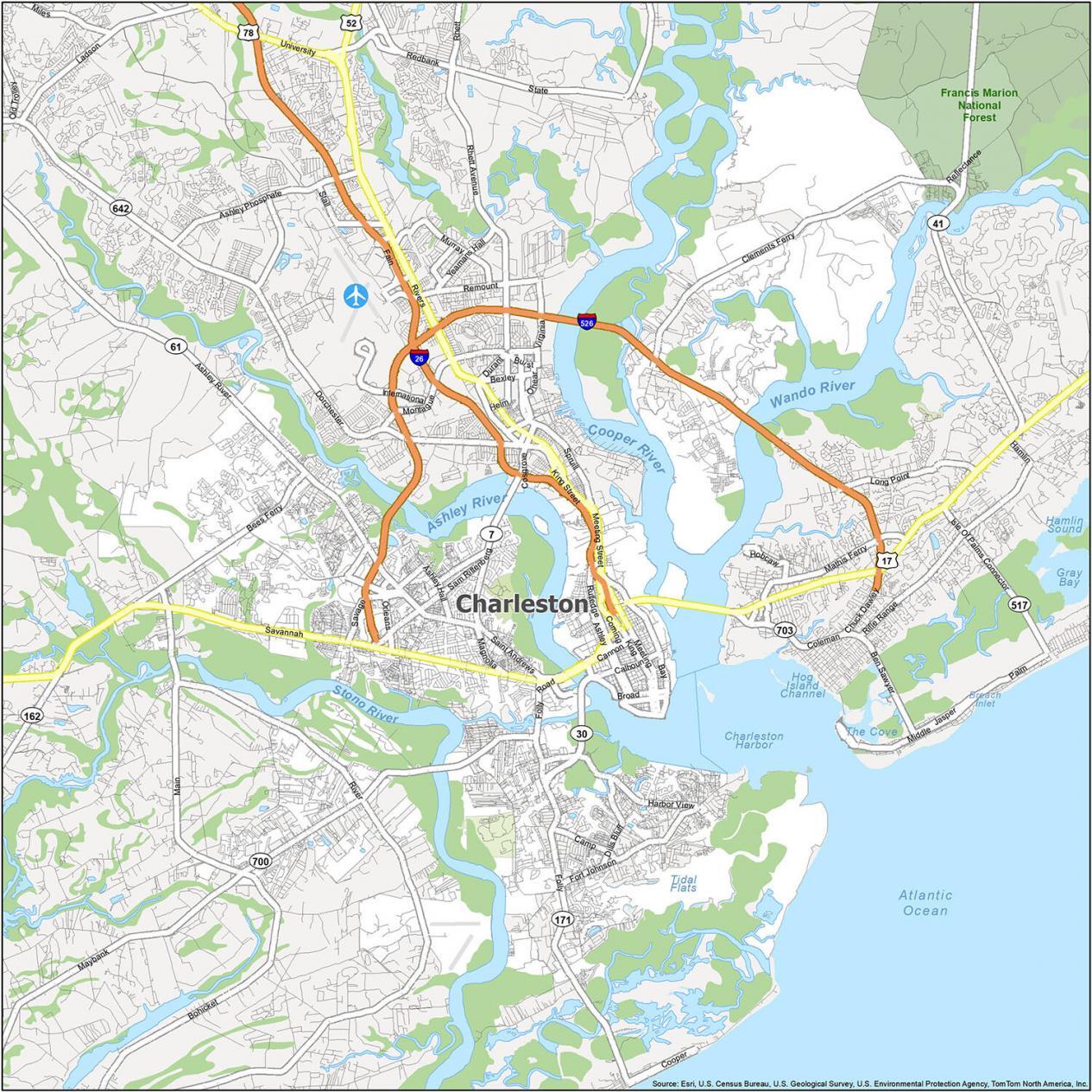 Map Of Charleston And Surrounding Areas Map Of Charleston, South Carolina - Gis Geography