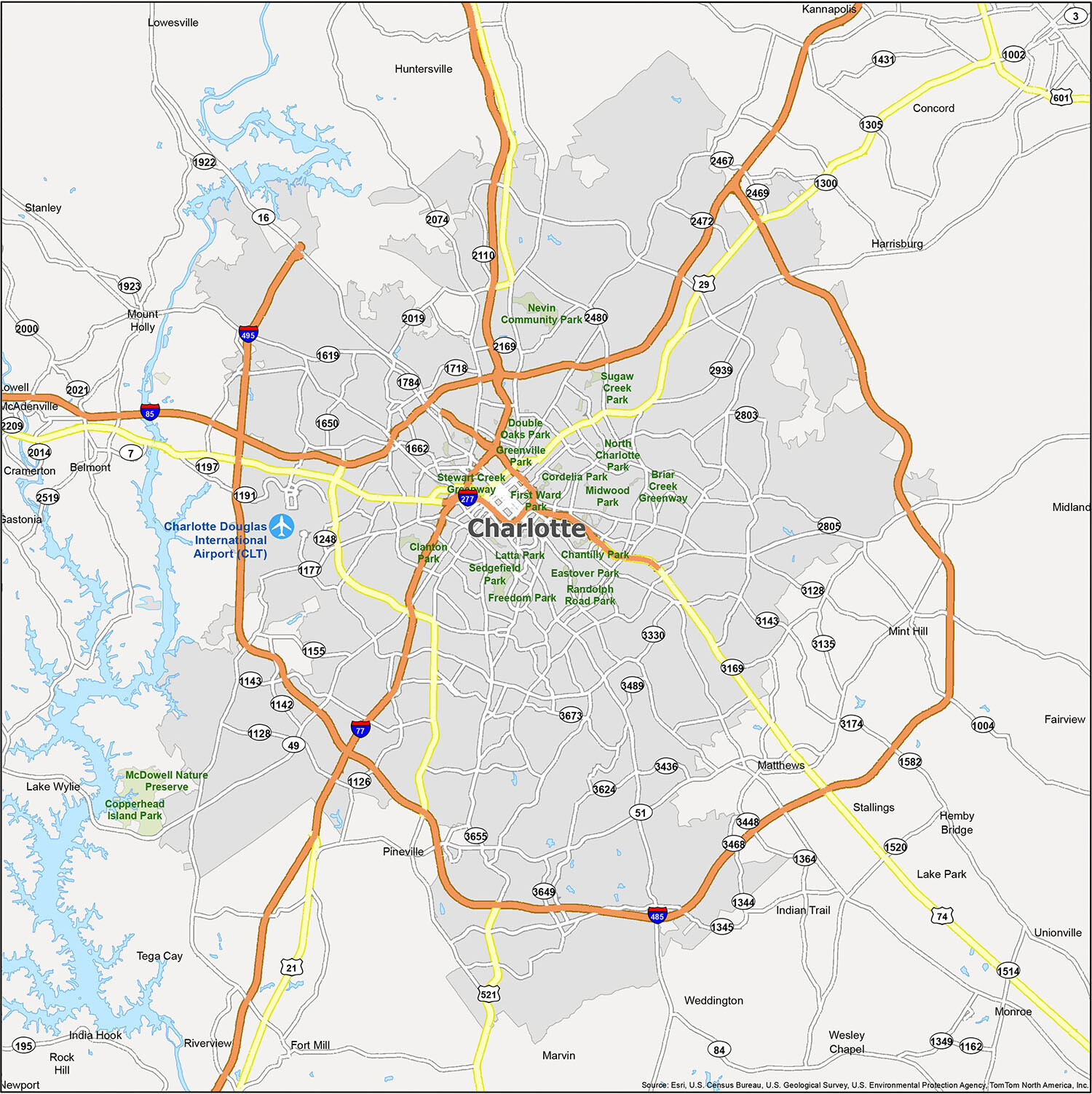 Google Map of the City of Charlotte, North Carolina, USA - Nations Online  Project