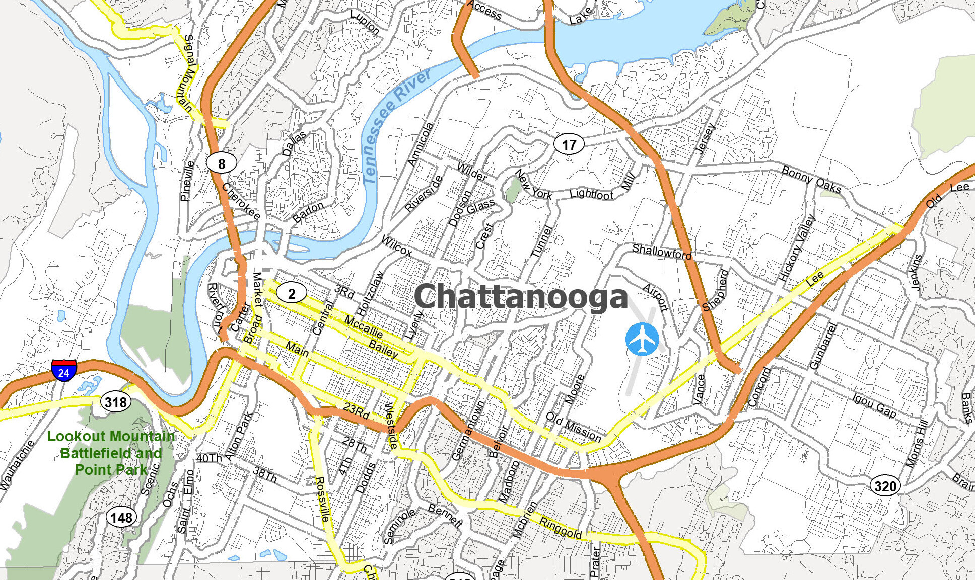 Map of Chattanooga, Tennessee - GIS Geography.