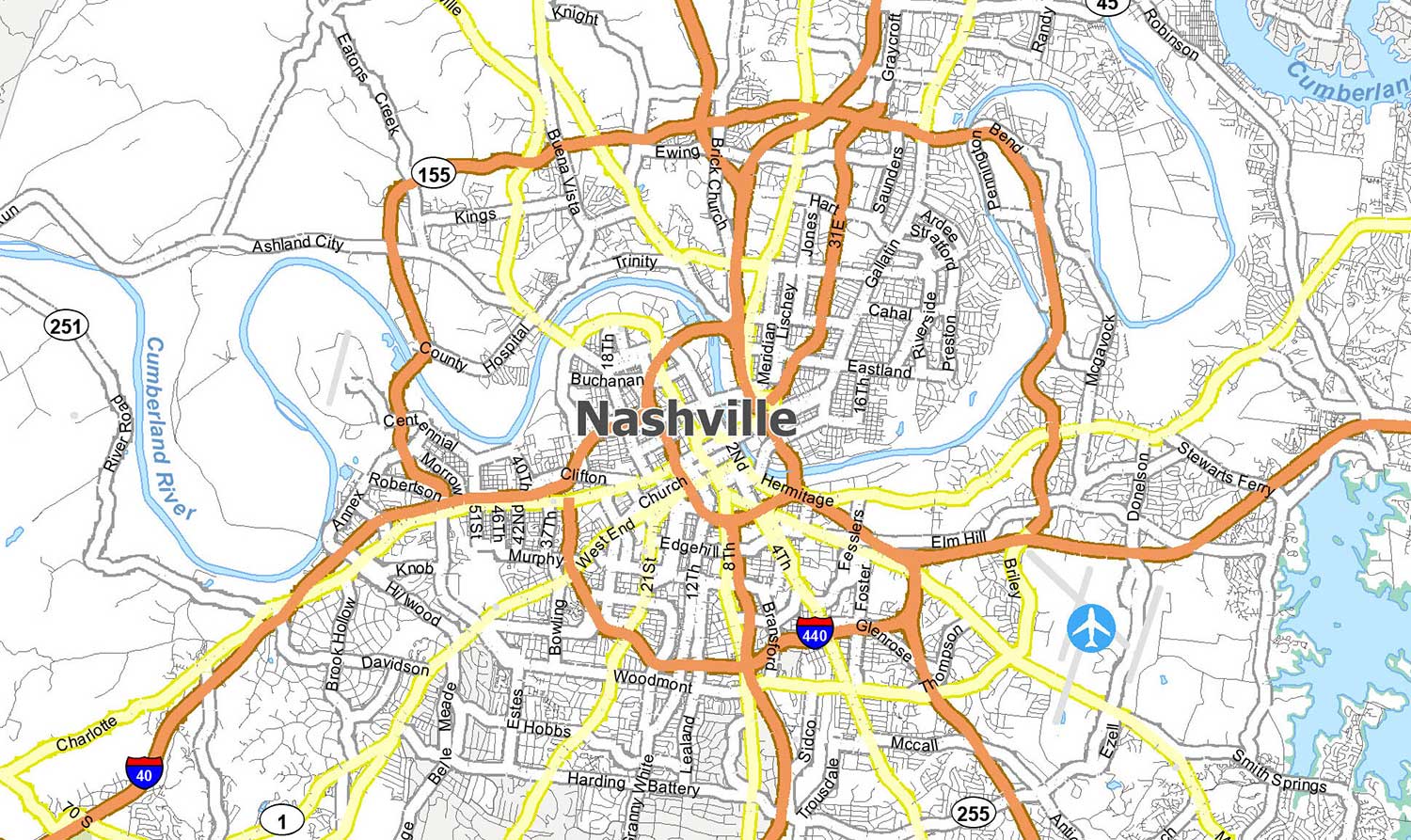 Nashville City Limits Map Nashville Map, Tennessee - Gis Geography