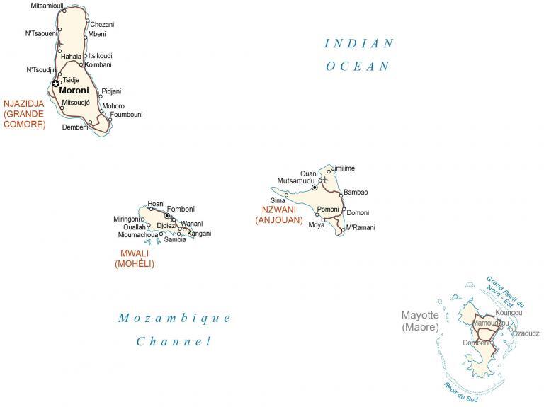 Comoros Map - Islands and Roads - GIS Geography