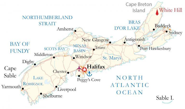 Map of the Bras d'Or Lakes region of Cape Breton Island, Nova Scotia