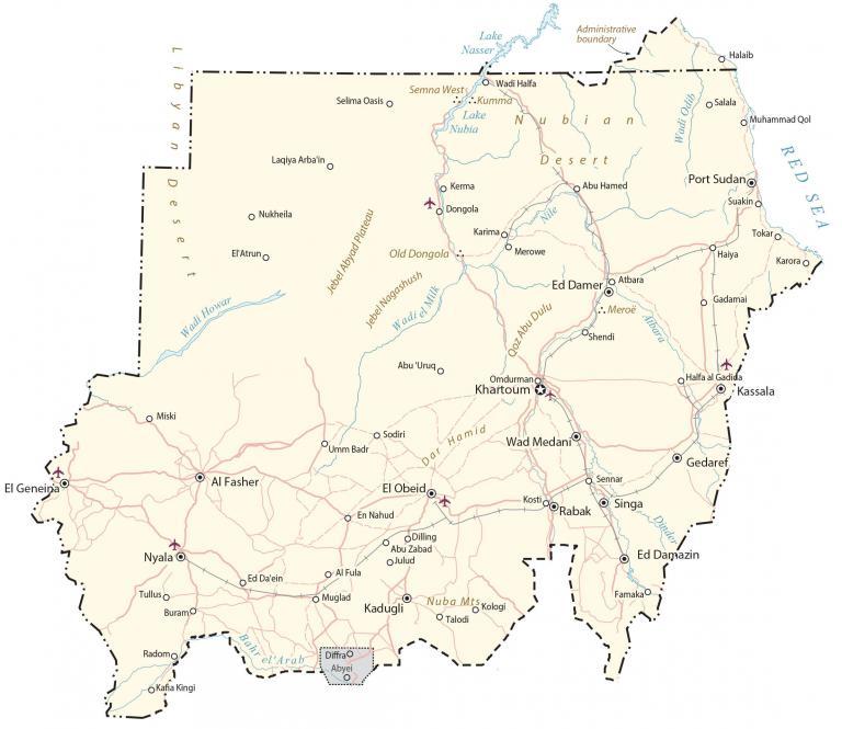 North Kurdufan, state of Sudan. Elevation map colored in wiki style with  lakes and rivers. Locations and names of major cities of the region. Corner  a Stock Photo - Alamy