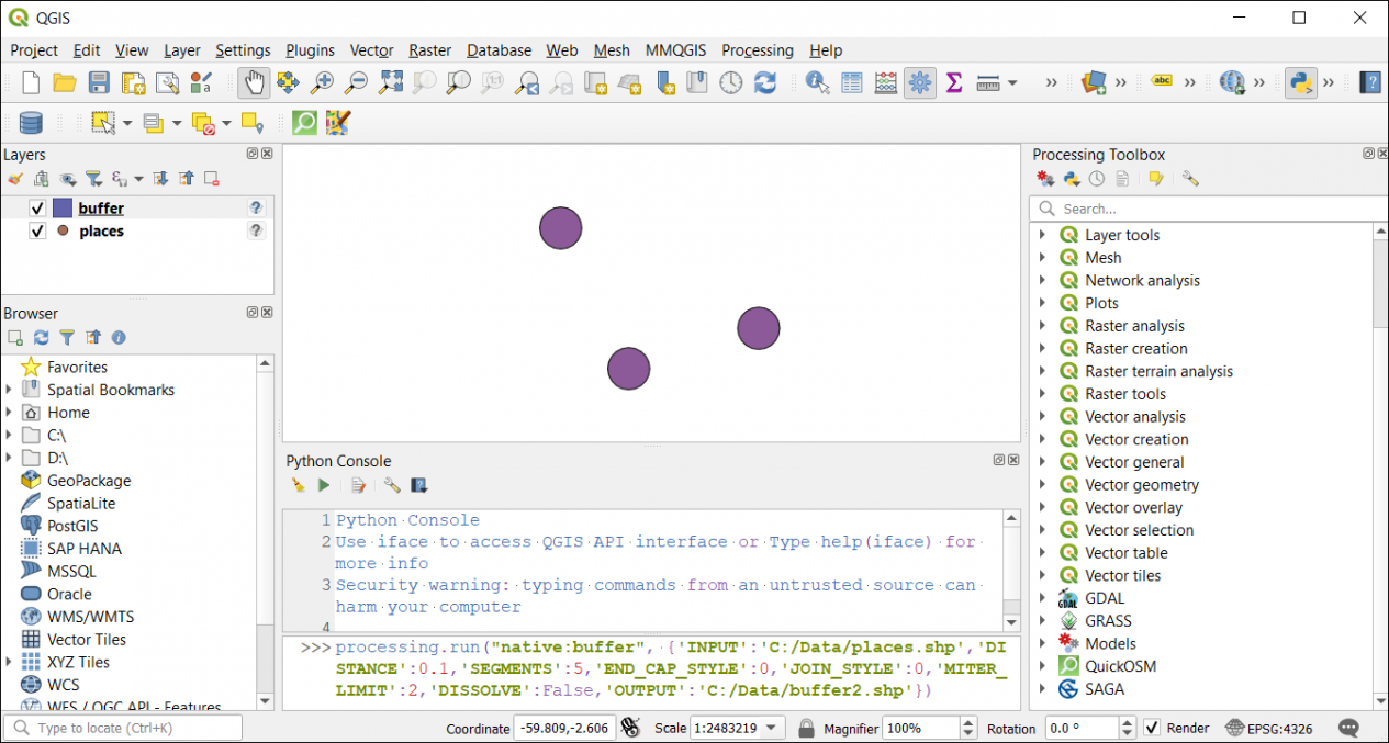 PyQGIS Buffer Console