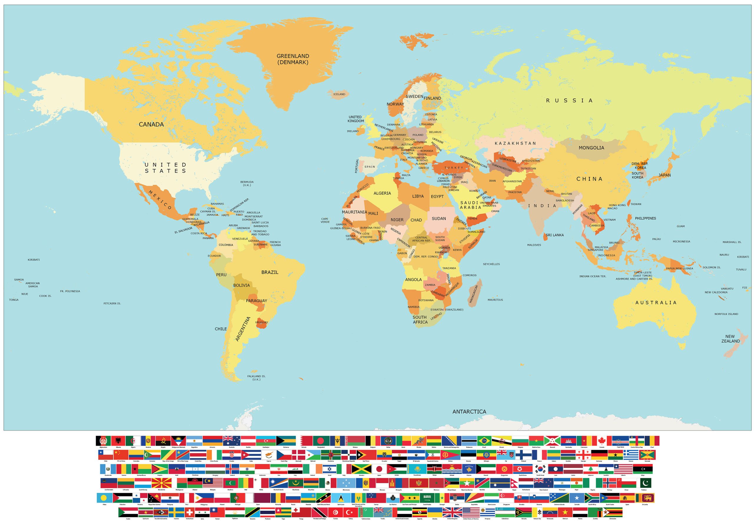 Laminated World Map With Flags
